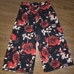 SHEIN Black Wide-Leg Pants with Red Rose Print and Cream Leaves